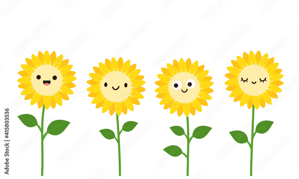 Sunflower with cute face icons on white background vector illustration.