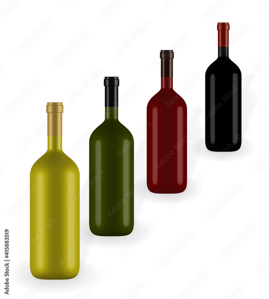 Colorful naturalistic closed 3D wine bottle of different colors without label. Vector Illustration