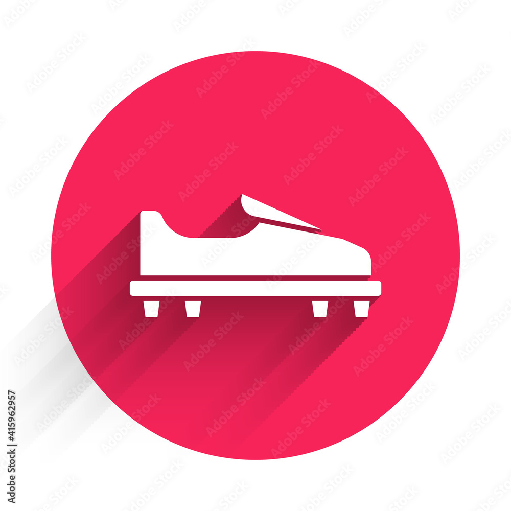 White Golf shoe icon isolated with long shadow. Sport equipment. Sports uniform. Red circle button. 