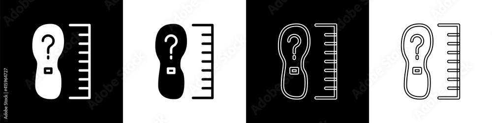 Set Square measure foot size icon isolated on black and white background.鞋码，裸脚尺码