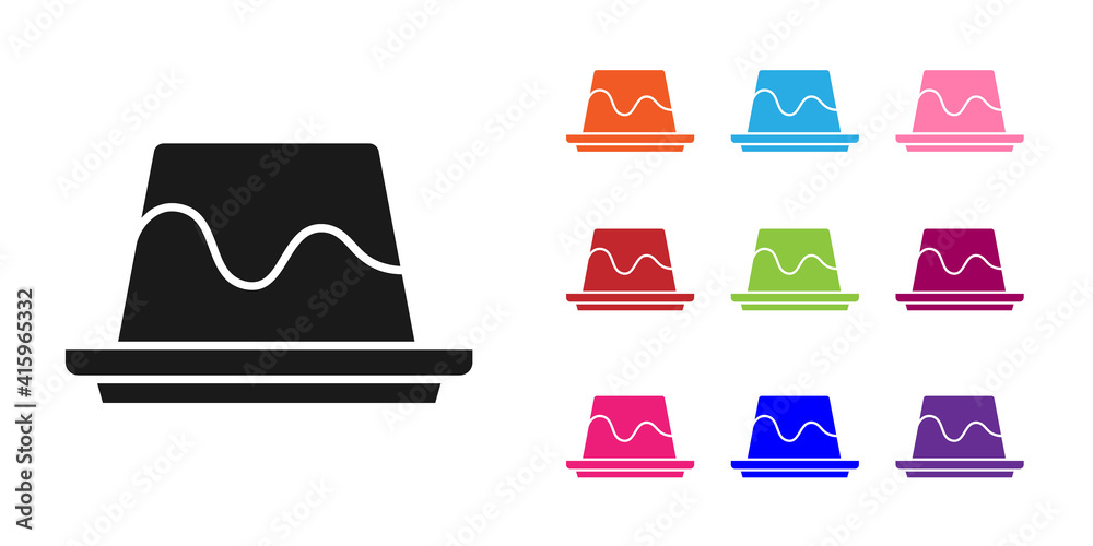 黑色布丁奶油冻，焦糖釉图标隔离在白色背景上。将图标设置为彩色。Vect