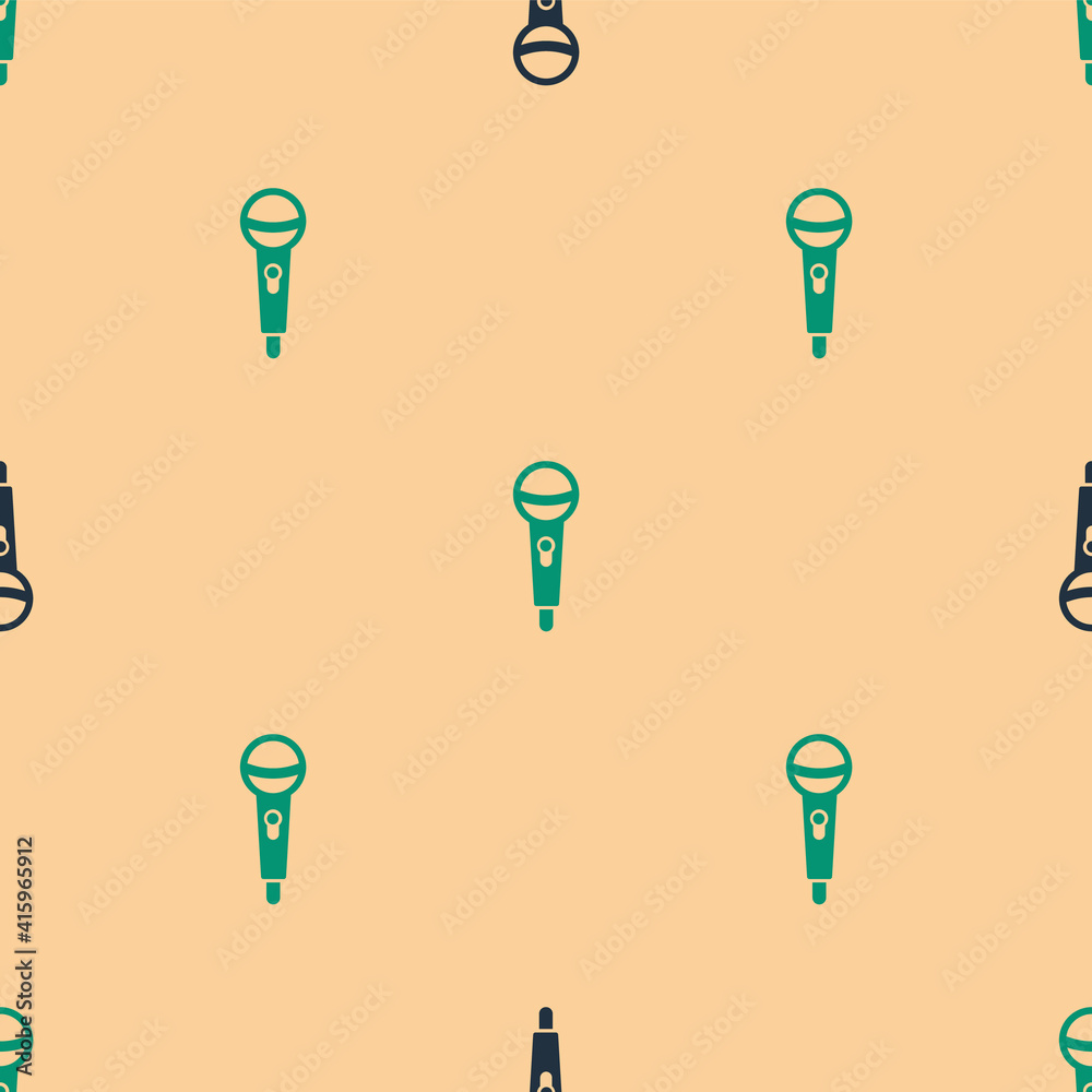 Green and black Microphone icon isolated seamless pattern on beige background. On air radio mic micr