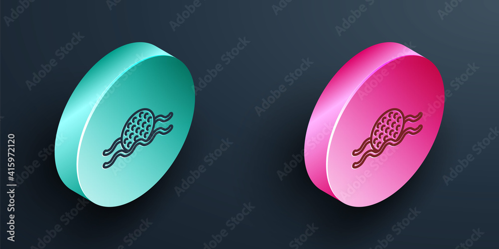 Isometric line Golf ball in water icon isolated on black background. Turquoise and pink circle butto