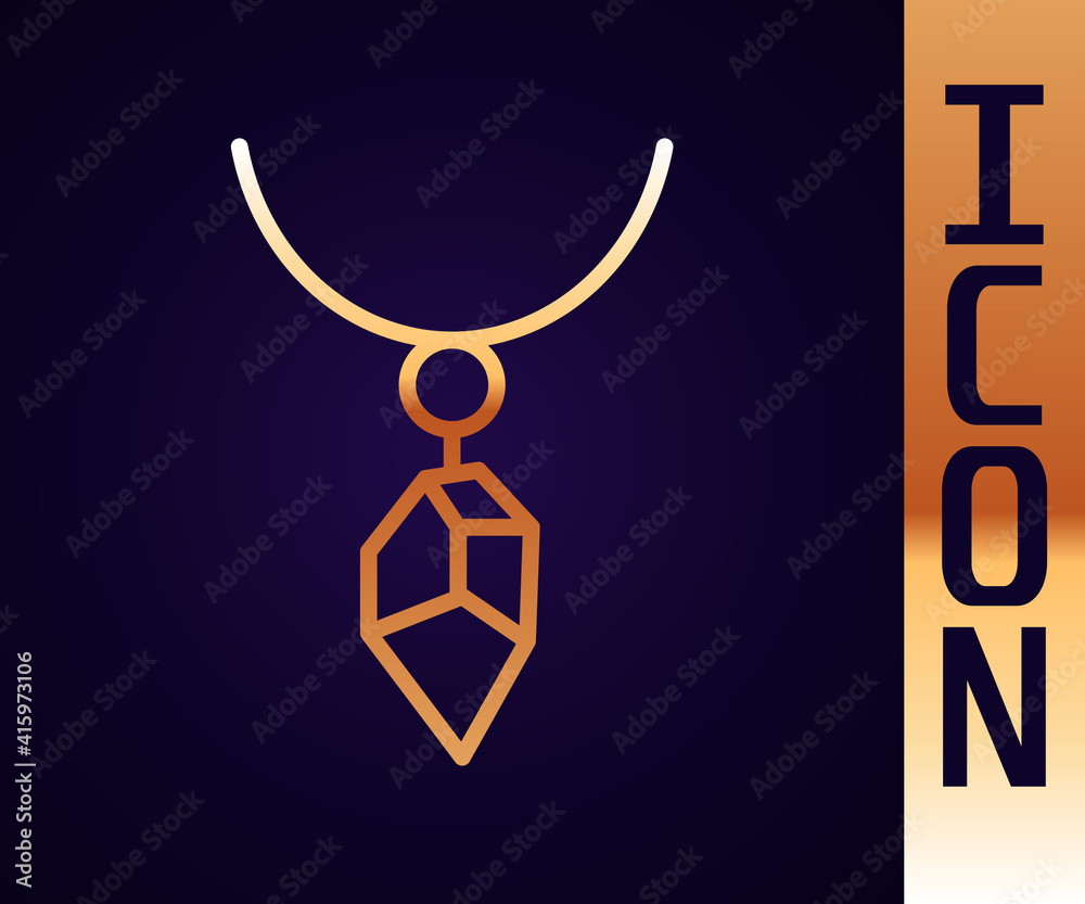 Gold line Necklace with crystal icon isolated on black background. Vector.