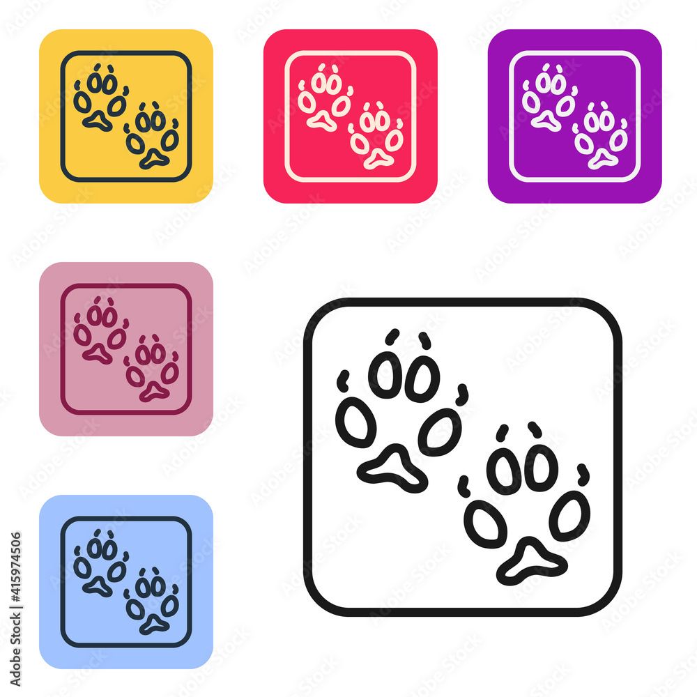 Black line Fox paw footprint icon isolated on white background. Set icons in color square buttons. V