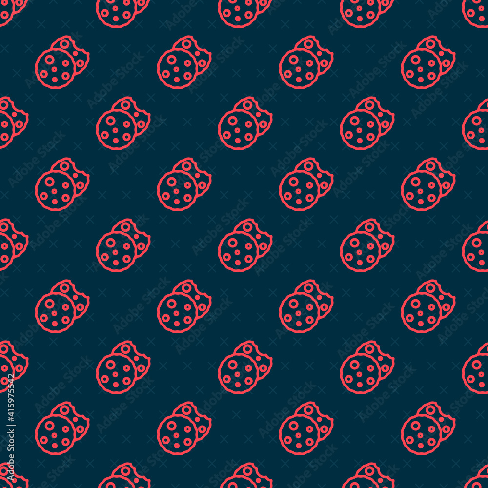 Red line Cookie or biscuit with chocolate icon isolated seamless pattern on black background. Vector