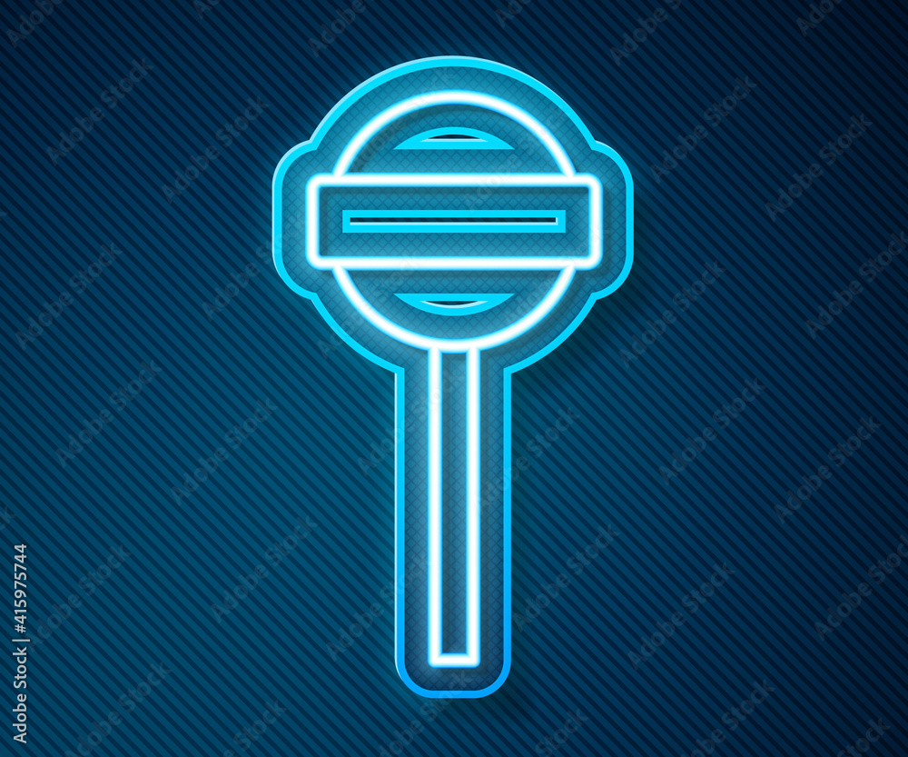 Glowing neon line Lollipop icon isolated on blue background. Food, delicious symbol. Vector.