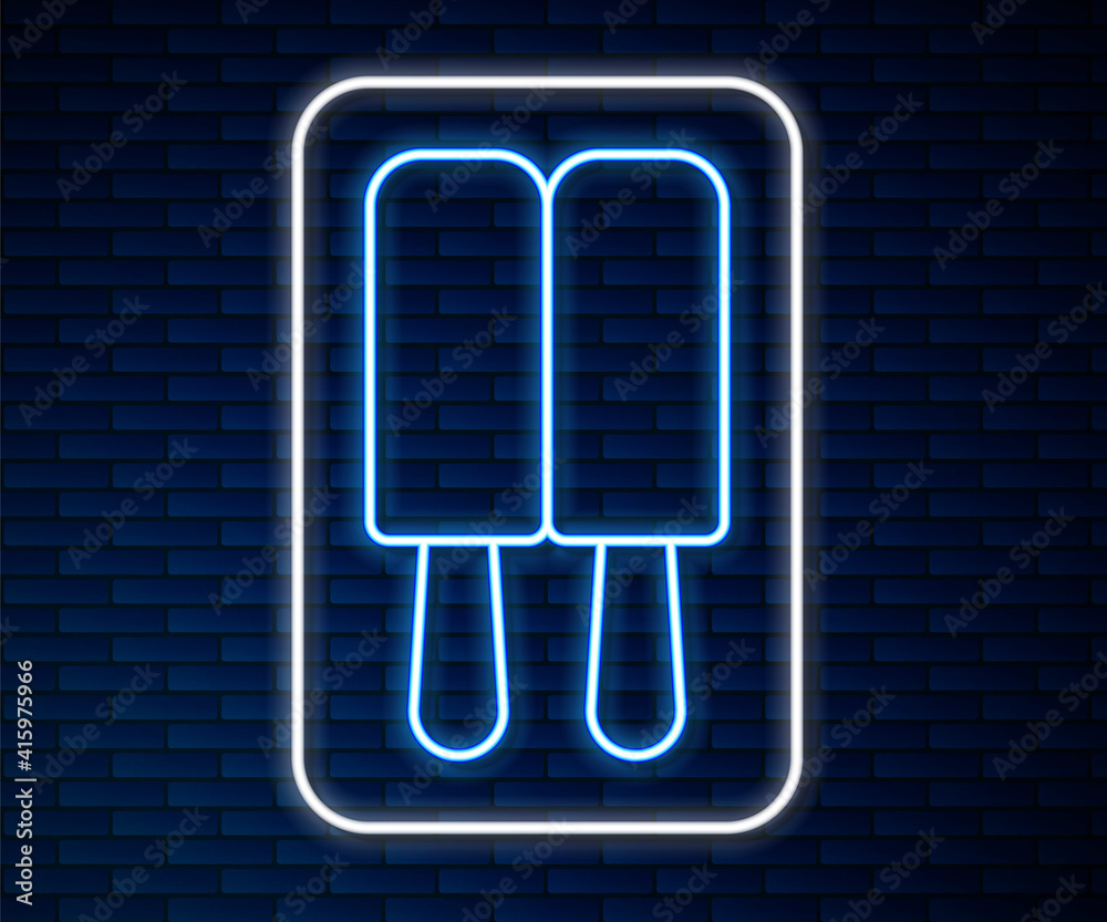 Glowing neon line Ice cream on stick icon isolated on brick wall background. Sweet symbol. Vector.