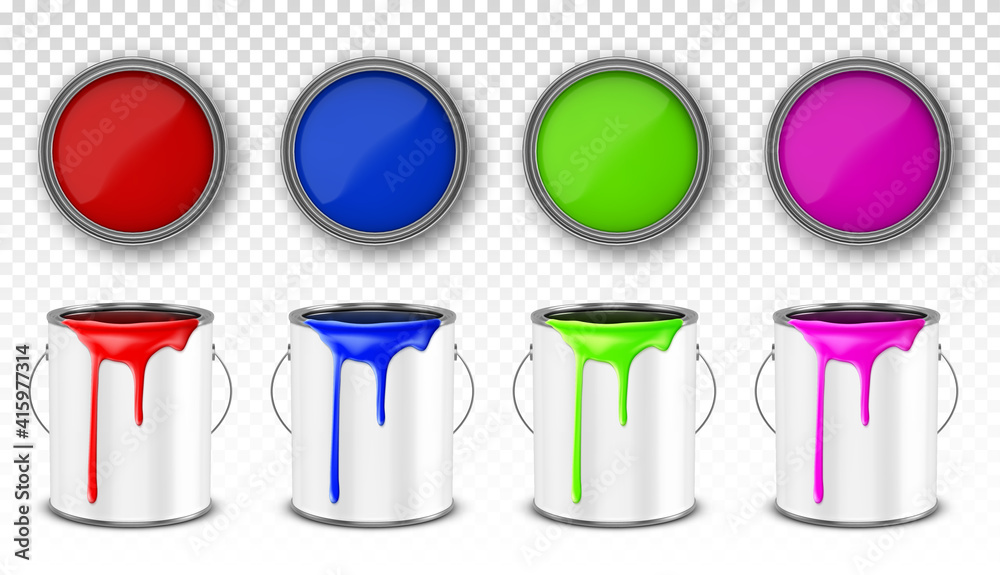 在金属桶、锡罐的正面和俯视图中涂上红色、蓝色、粉色和绿色墨水。矢量现实