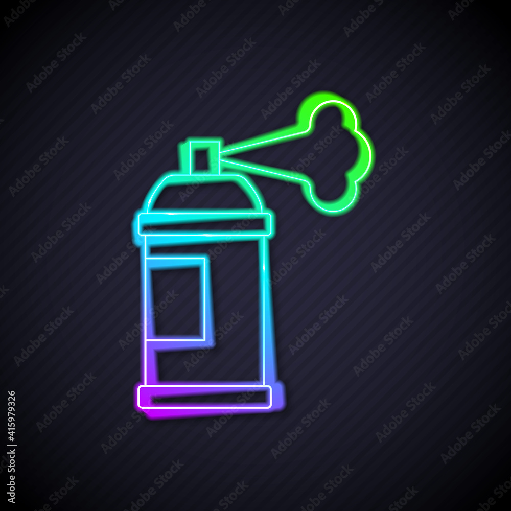 Glowing neon line Paint spray can icon isolated on black background. Vector.