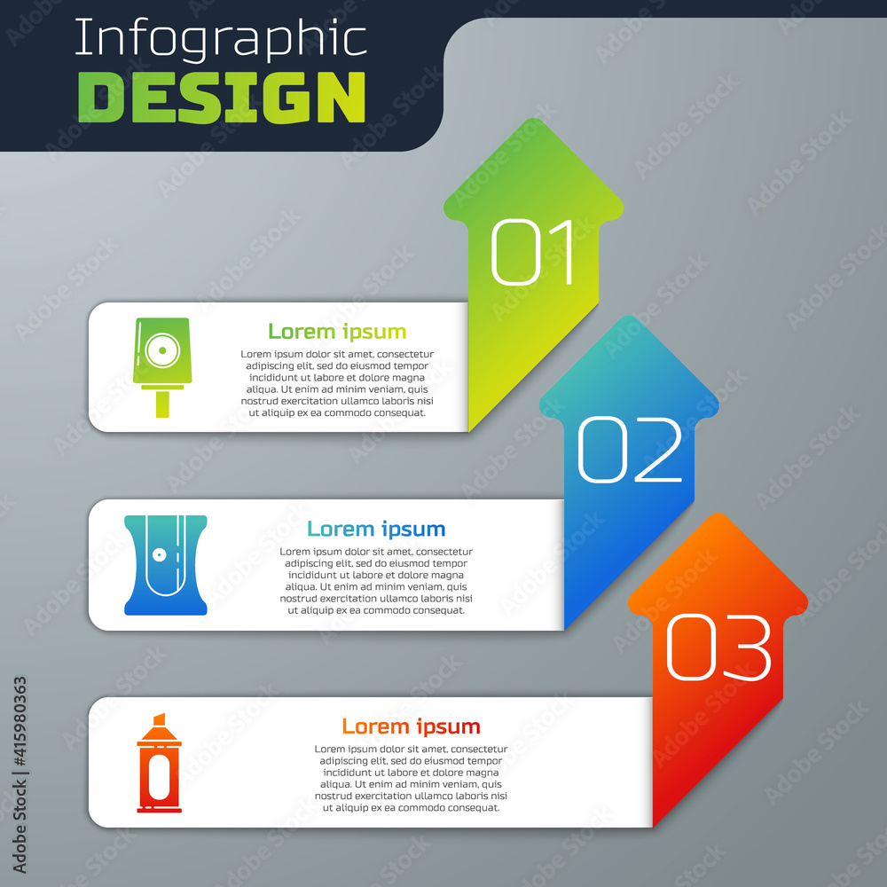设置喷雾罐喷嘴盖、卷笔刀和记号笔。商业信息图表模板。矢量。