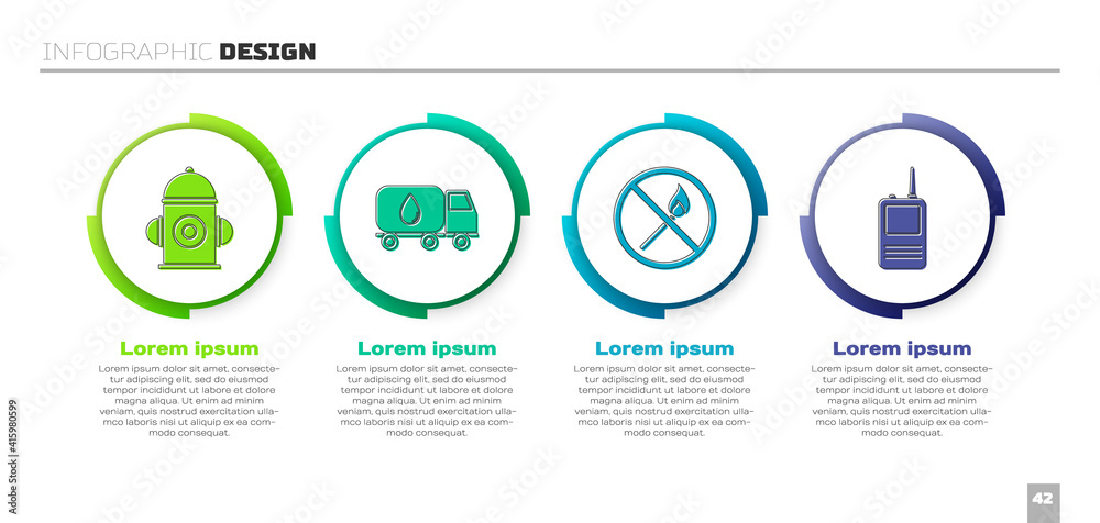 Set Fire hydrant, Water delivery truck, No fire match and Walkie talkie. Business infographic templa