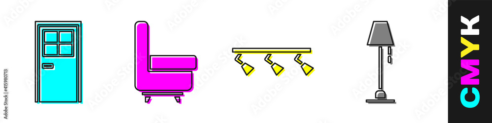设置关门、扶手椅、Led轨道灯和照明灯以及落地灯图标。矢量。