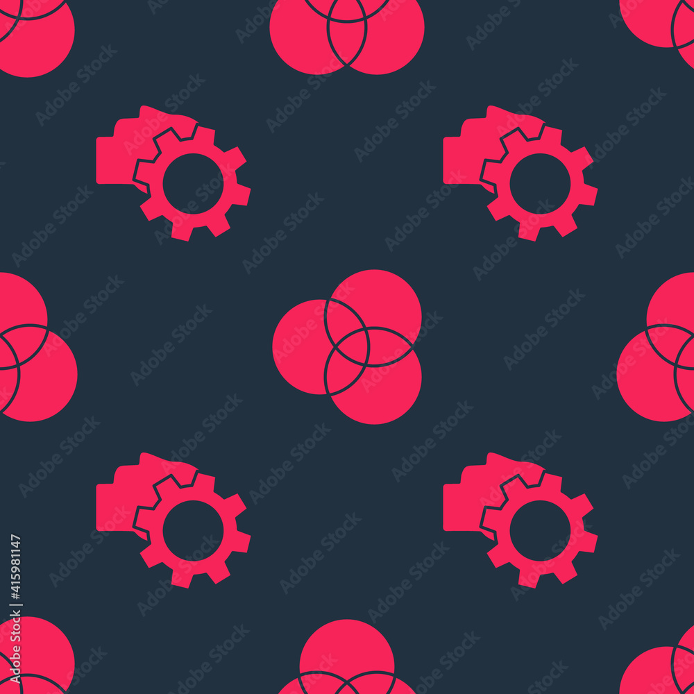 Set Human head with gear inside and RGB and CMYK color mixing on seamless pattern. Vector.