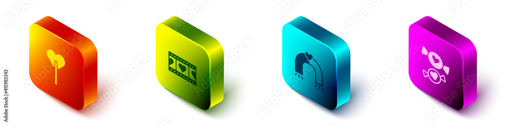 Set Isometric Lollipop, Play Video with heart, Love magnet and Candy icon. Vector.