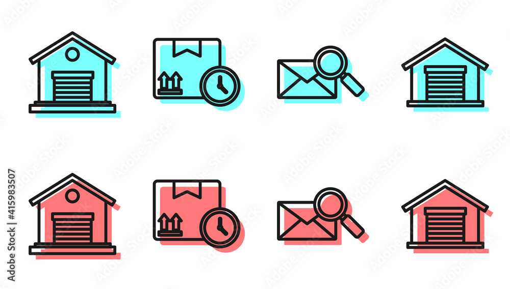 Set line Envelope with magnifying glass, Warehouse, Cardboard box and fast time and Warehouse icon. 