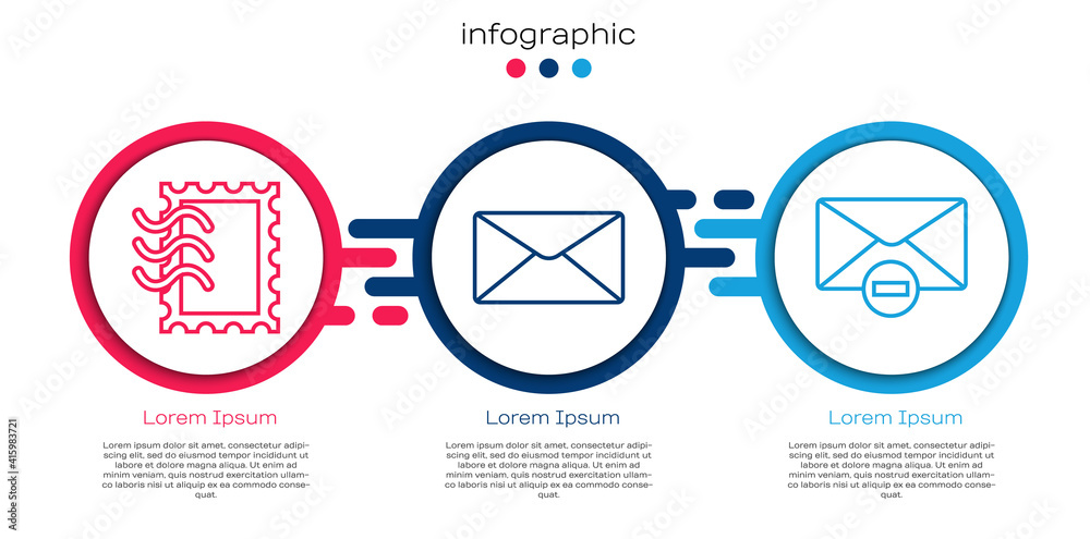 设置行邮政戳、信封和删除信封。商业信息图模板。矢量。