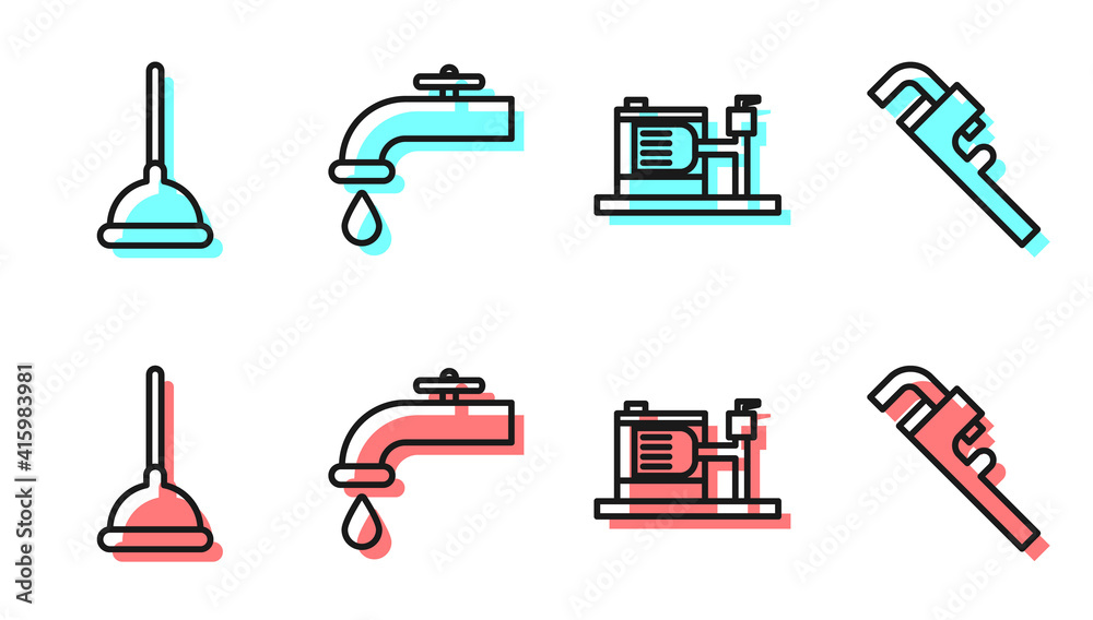 设置线电动水泵、橡胶柱塞、水龙头和管道可调扳手图标。矢量。