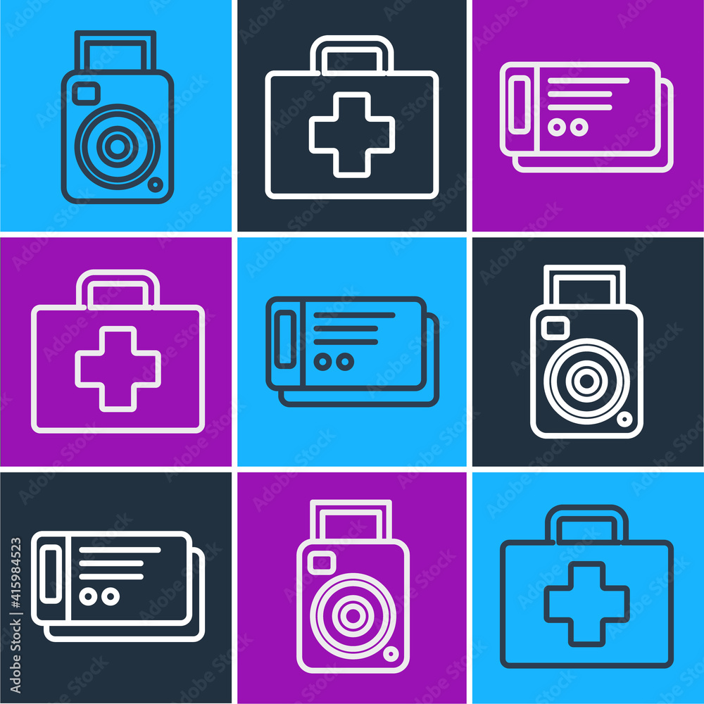 Set line Photo camera, Travel ticket and First aid kit icon. Vector.