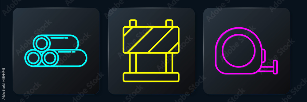 Set line Industry metallic pipe, Roulette construction and Road barrier. Black square button. Vector