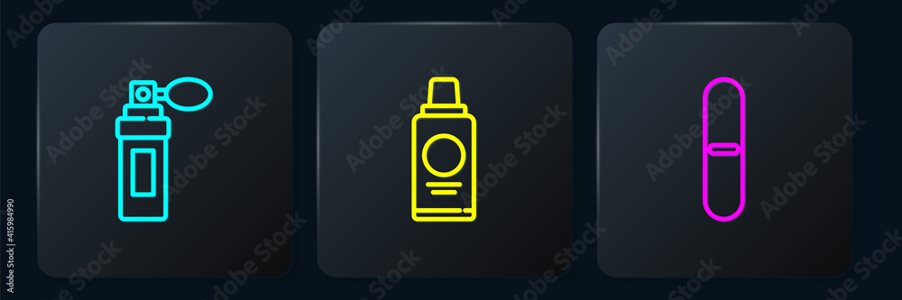 Set line Perfume, Nail file and Bottle of shampoo. Black square button. Vector.