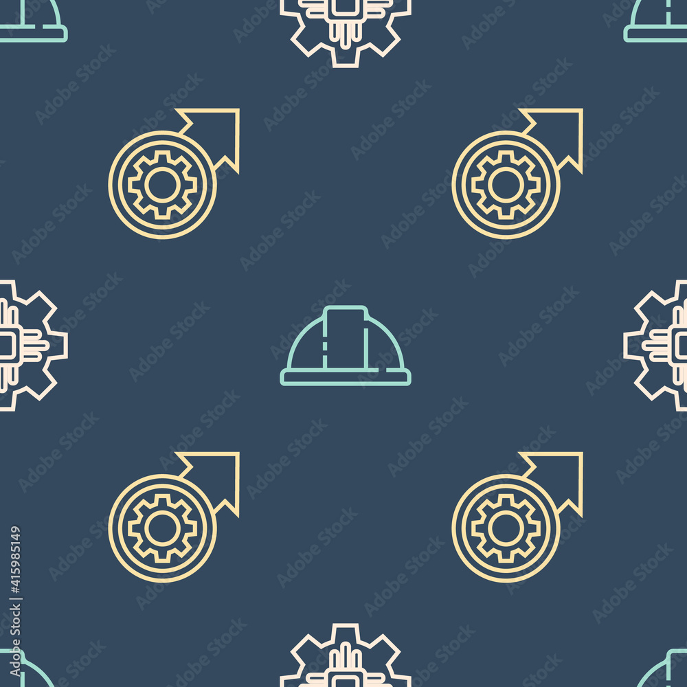 Set line Processor, Gear and arrows as workflow process and Worker safety helmet on seamless pattern