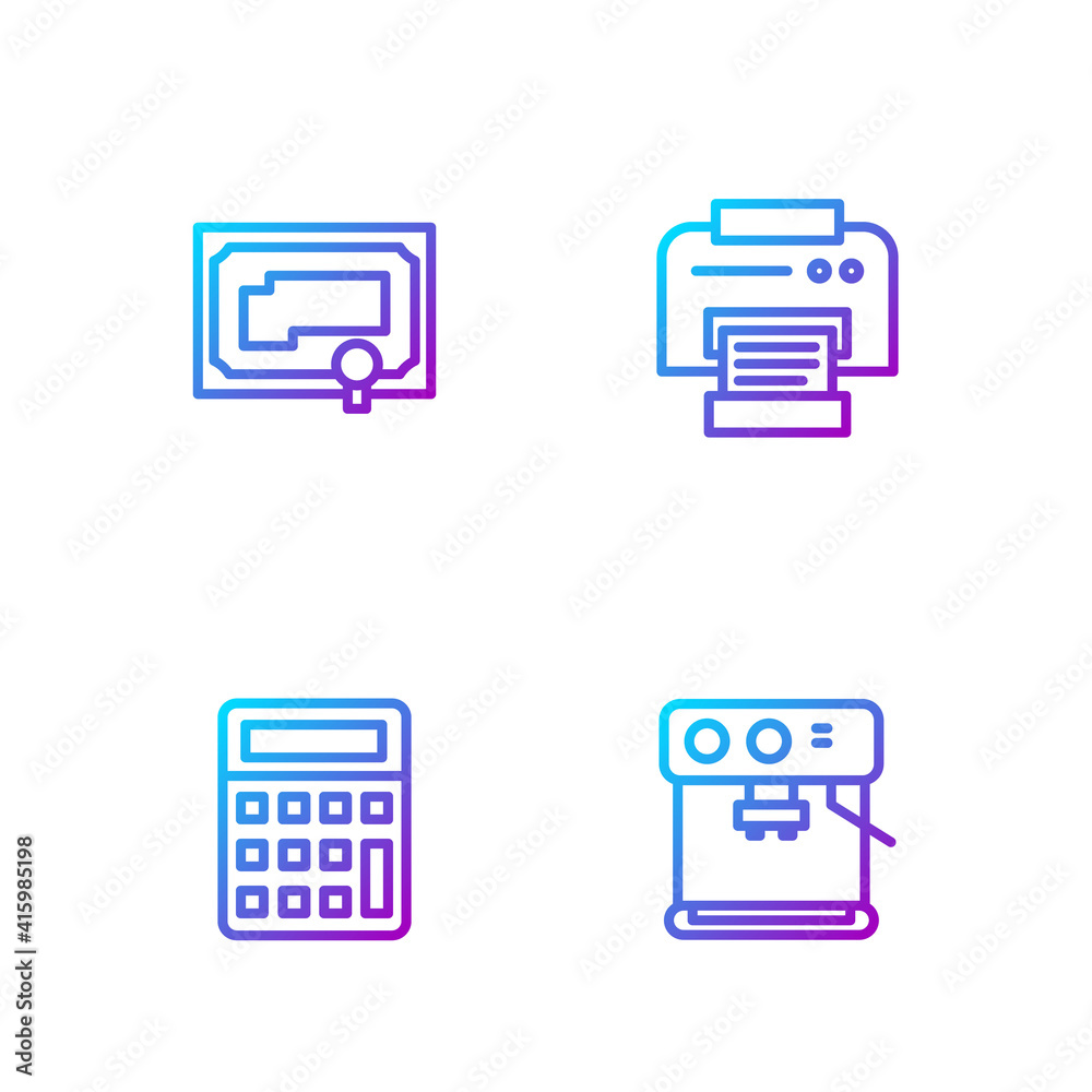 Set line Coffee machine, Calculator, Certificate template and Printer. Gradient color icons. Vector.