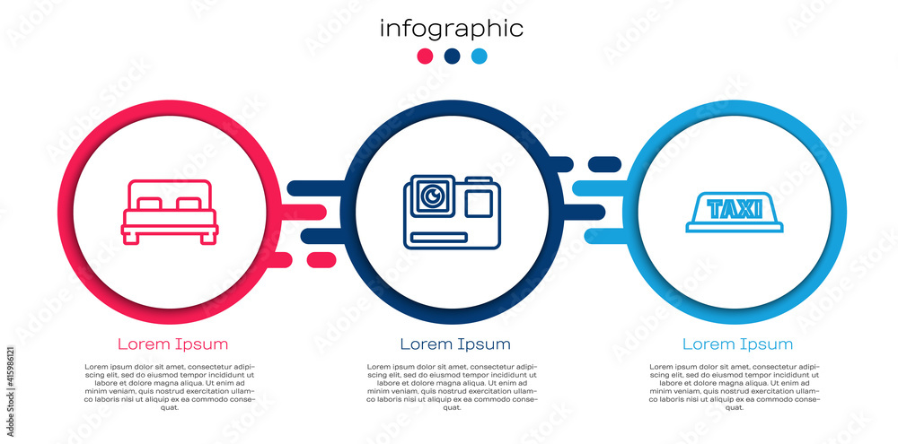 设置线大床、极限动作摄像机和出租车车顶。商业信息图模板。矢量。