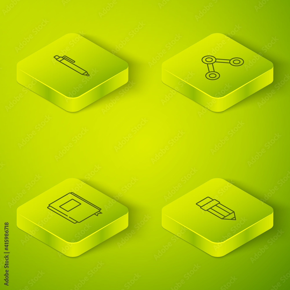 Set Isometric Molecule, Book, Pencil with eraser and icon. Vector.