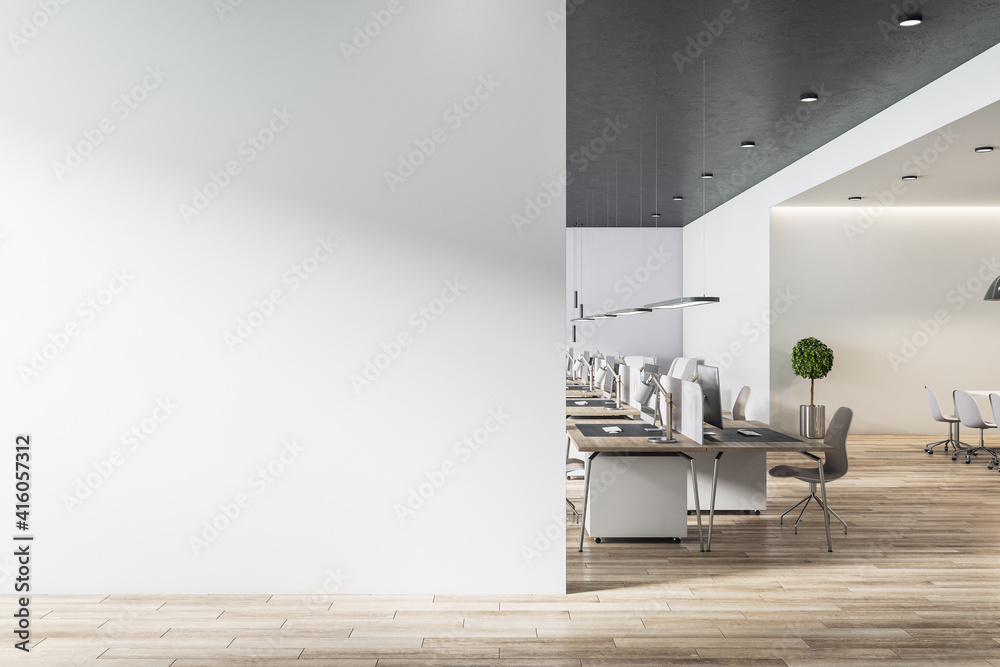 Blank light grey wall in sunny open space office with wooden floor and eco style furniture. Mockup