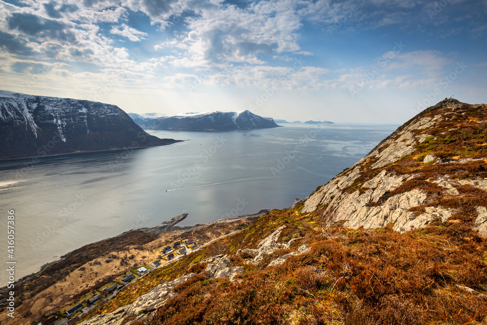 Beautiful landscape of the Norwegian Sea fjords at sunny day, Norway