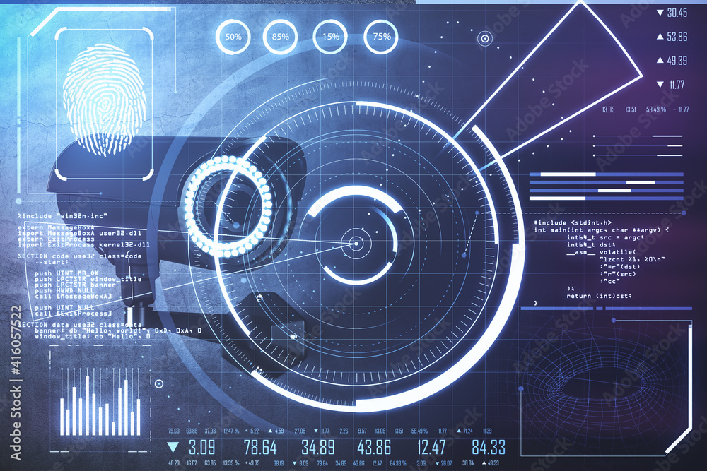 生物识别安全和创新技术概念，在暗墙和数字屏幕上安装闭路电视摄像头