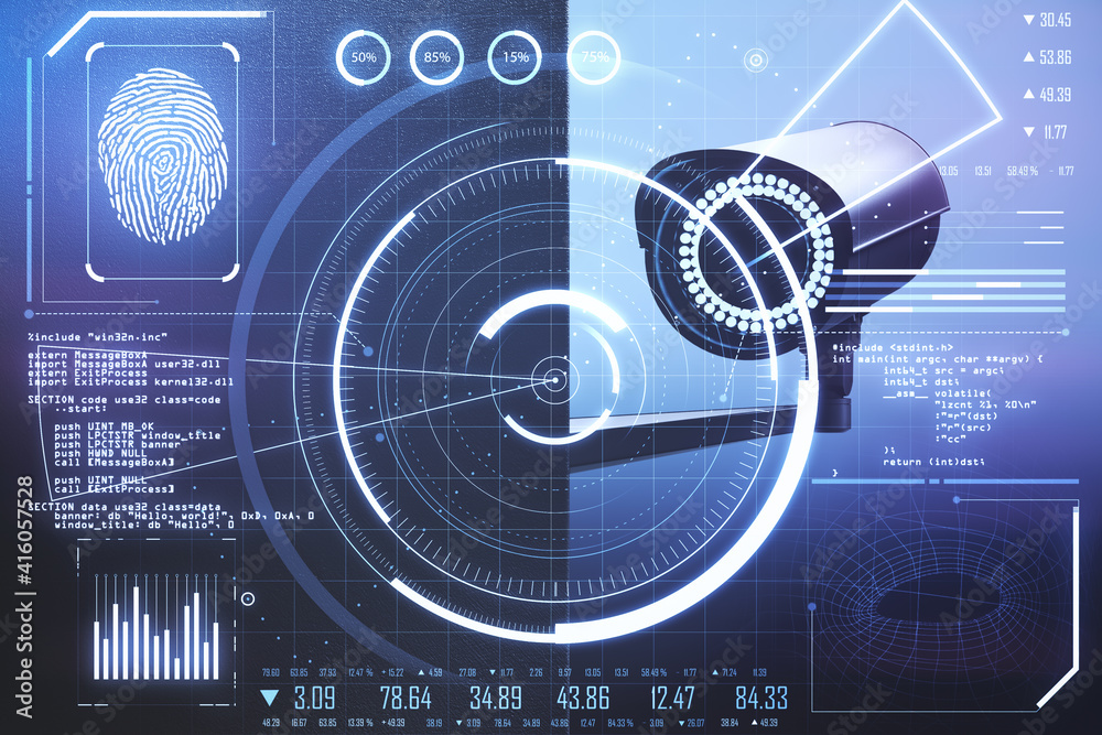 带有闭路电视摄像头和指纹数字屏幕的人体生物识别概念，人物角色