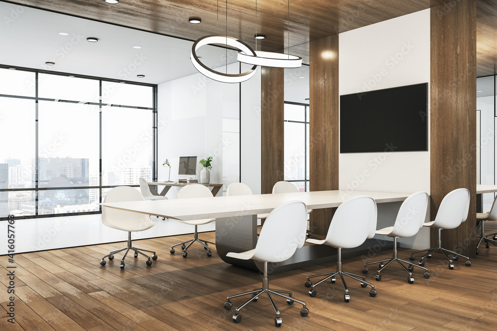 Modern spacious conference room with wooden floor and decoration elements, white furniture, tv monit