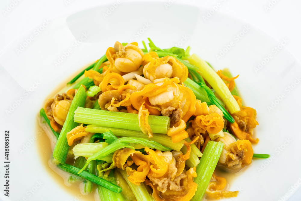 Chinese food, a dish of fried scallop meat with celery