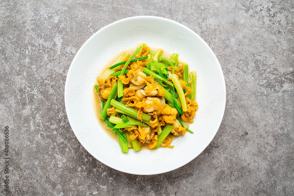 Chinese food, a dish of fried scallop meat with celery