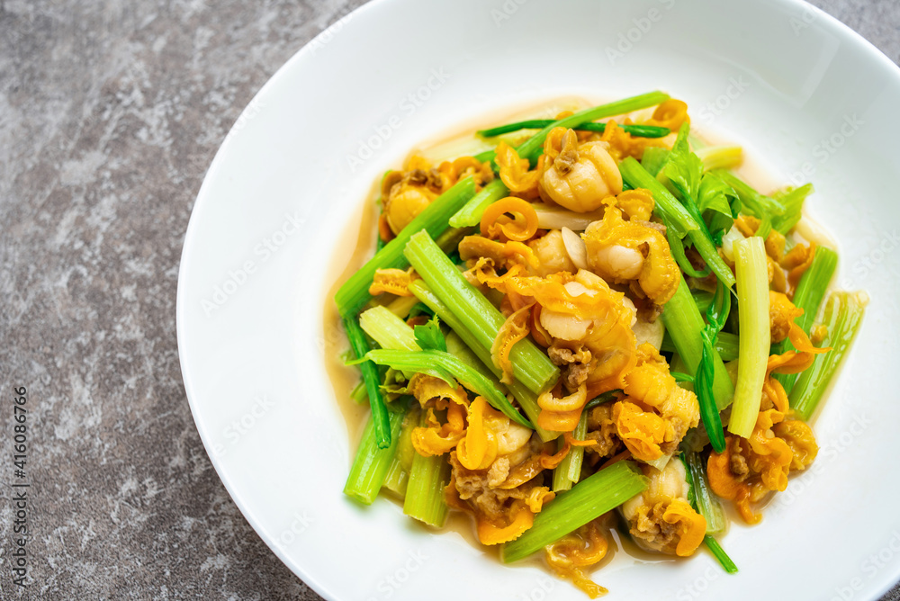 Chinese food, a dish of fried scallop meat with celery