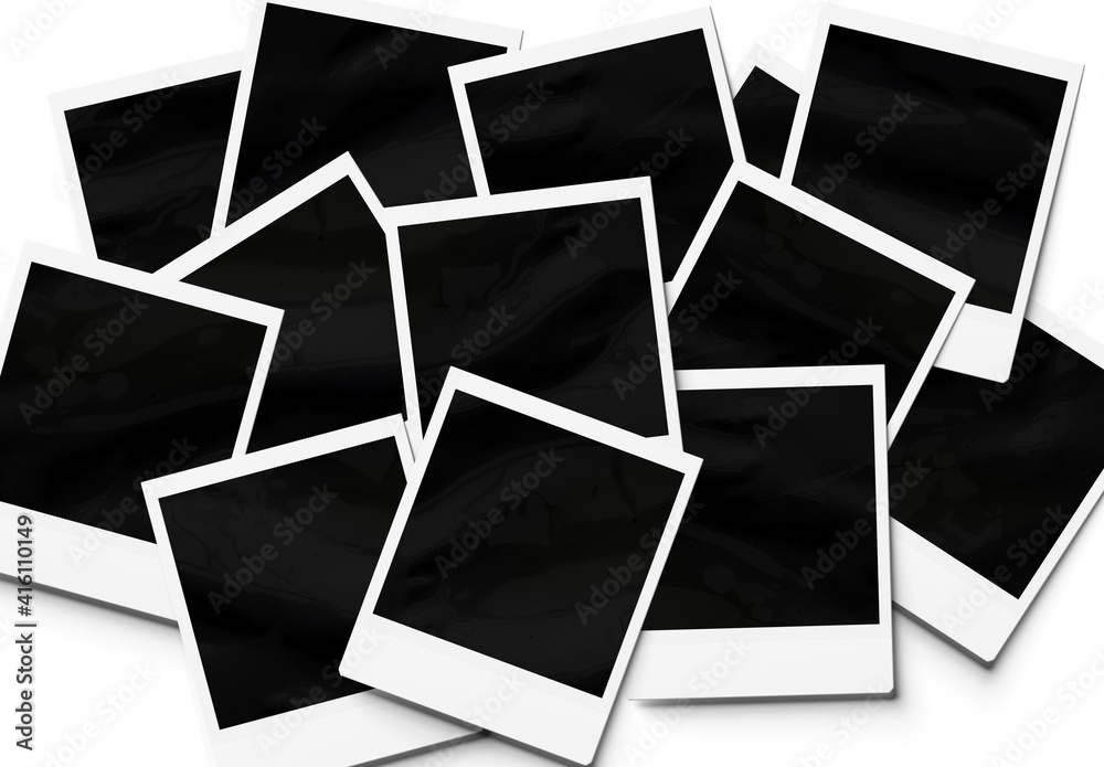 Stack of instant photos Mockup. Pile of retro photographs on white 3D rendering