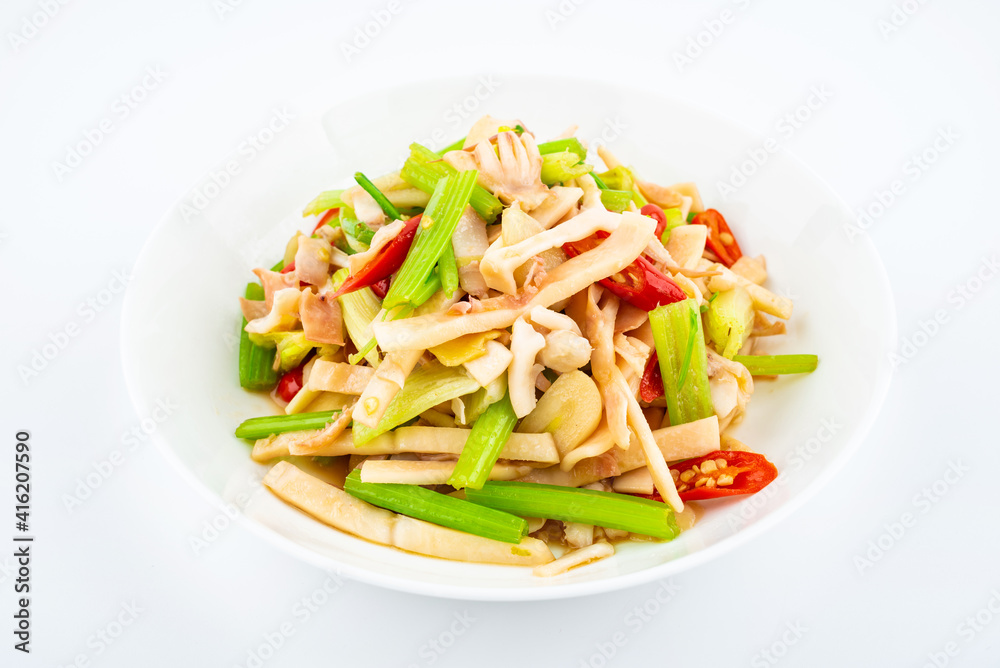 Chinese home cooking, a dish of dried squid with celery