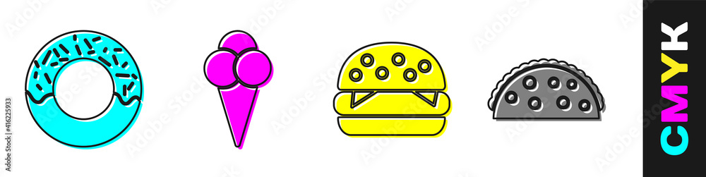 将甜甜圈、华夫饼蛋卷冰淇淋、汉堡和塔可与玉米饼图标一起食用。矢量。