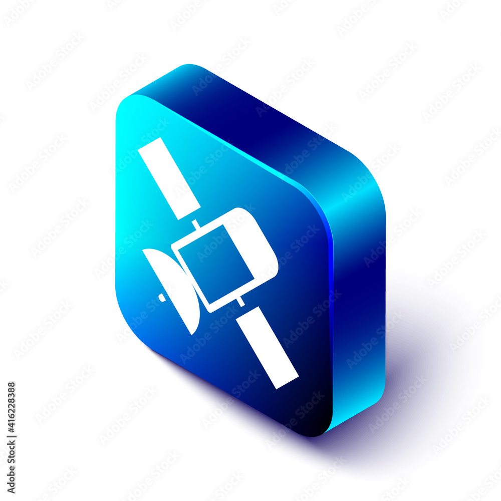 Isometric Satellite icon isolated on white background. Blue square button. Vector.