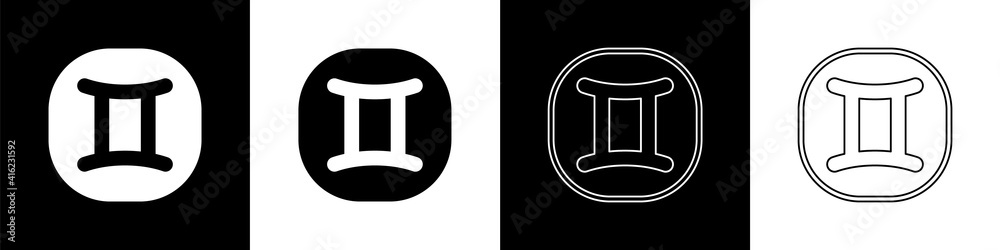 Set Gemini zodiac sign icon isolated on black and white background. Astrological horoscope collectio