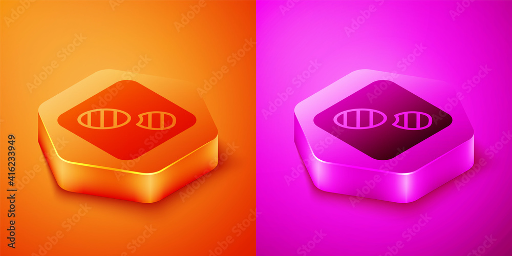 Isometric Human footprints shoes icon isolated on orange and pink background. Shoes sole. Hexagon bu