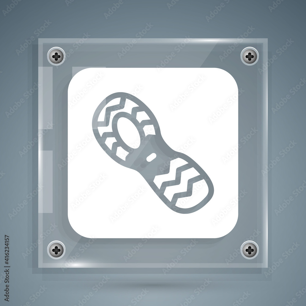 White Human footprints shoes icon isolated on grey background. Shoes sole. Square glass panels. Vect