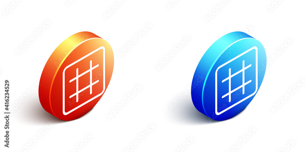 Isometric Waffle icon isolated on white background. Orange and blue circle button. Vector.