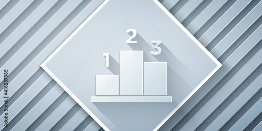 Paper cut Award over sports winner podium icon isolated on grey background. Paper art style. Vector.