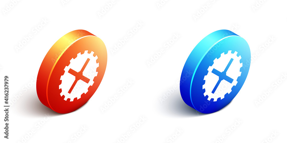 Isometric Bicycle sprocket crank icon isolated on white background. Orange and blue circle button. V