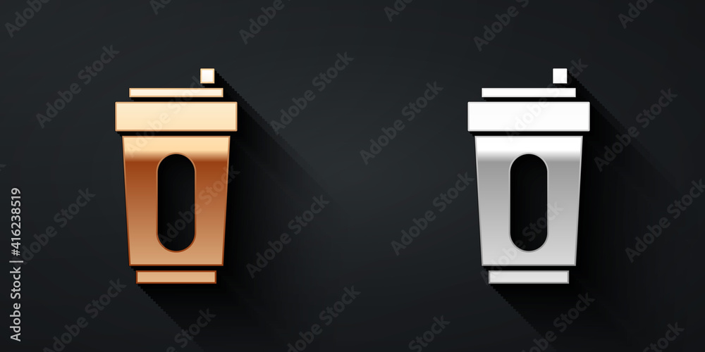 Gold and silver Sport bottle with water icon isolated on black background. Long shadow style. Vector