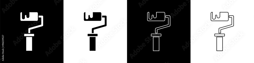 Set Paint roller brush icon isolated on black and white background. Vector.