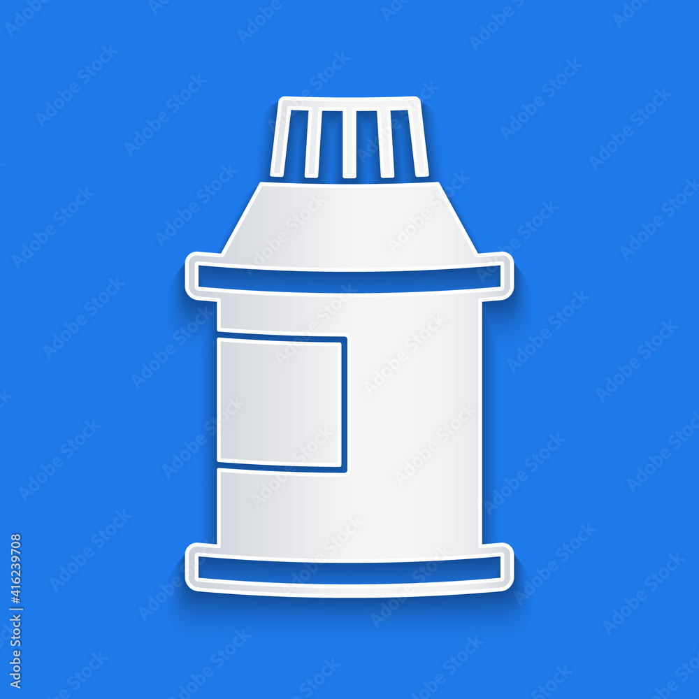 Paper cut Paint, gouache, jar, dye icon isolated on blue background. Paper art style. Vector.